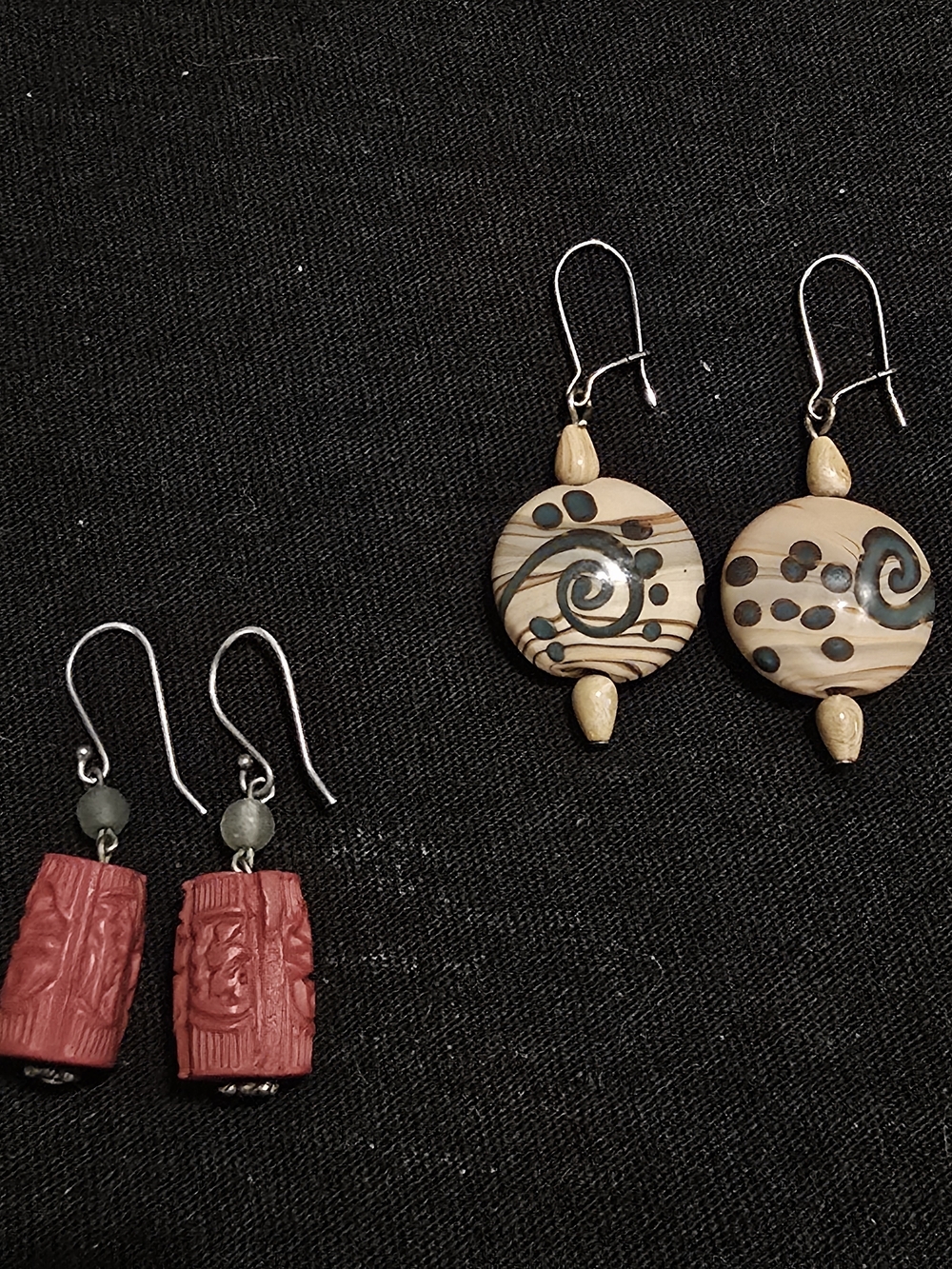 Handcrafted Beaded Beige Dangle Earrings And Red Boho Drop Earrings 2 pair!